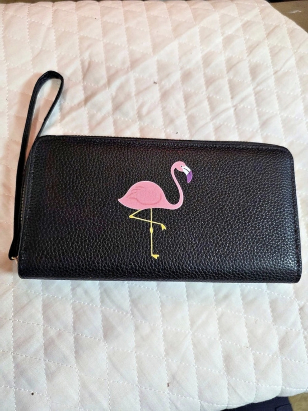 Flamingo Zip-Around Wallet in Black & Pink  New